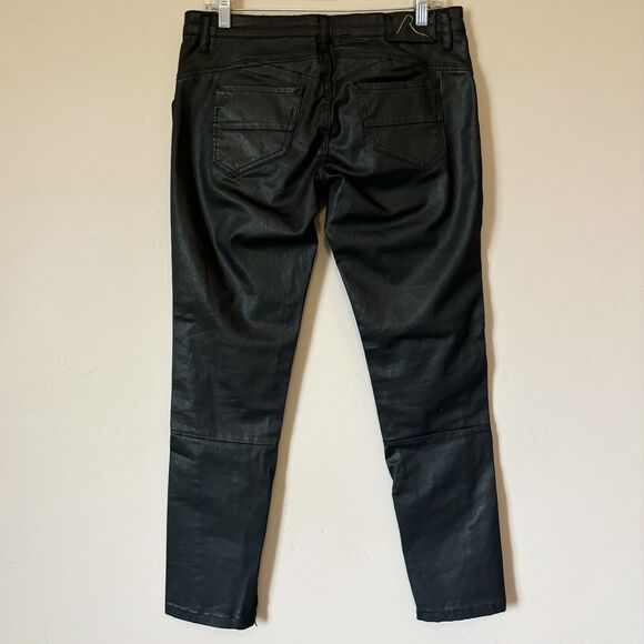 COTELAC Womens Sz 2 Black Mid-Rise Straight-Leg Coated Moto Jeans Zip Up Ankles - Picture 3 of 11